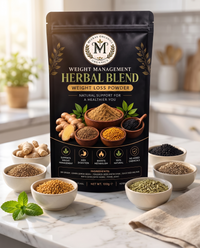 Meeras Organics Weight Management Herbal Blend pack with all six ingredients - dry ginger, ajwain, fenugreek, kalonji, white cumin, fennel