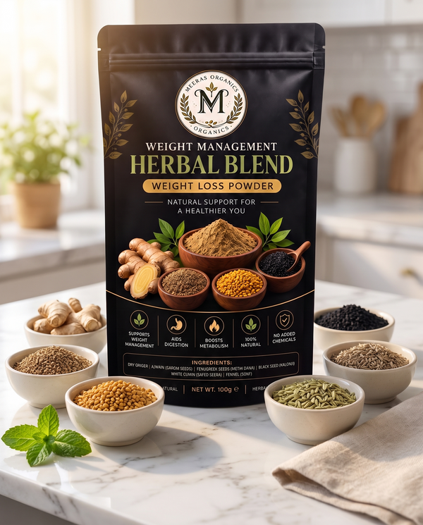 Meeras Organics Weight Management Herbal Blend pack with all six ingredients - dry ginger, ajwain, fenugreek, kalonji, white cumin, fennel
